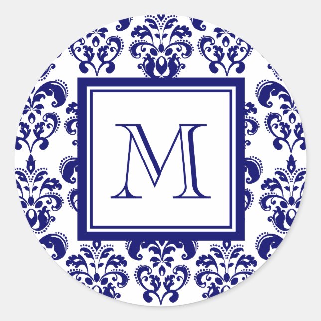 Ihr Monogramm, Navy Blue Damask Muster 2 Runder Aufkleber (Vorderseite)