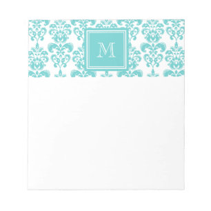Ihr Monogramm, Teal Damastmuster 2 Notizblock