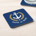 Ihr Name Anchor Gold Laurel Star Navy Getränkeuntersetzer<br><div class="desc">Ein Set mit nautischen Themen Cork Back Getränkekopfer mit Ihrem personalisierten Bootsnamen,  Familiennamen oder anderen gewünschten Text. Ein speziell entworfener Bootanker mit goldfarbenen Lorbeertönen und einem Stern auf klassischem Marineblau oder passen die Grundfarbe leicht an Ihre aktuelle Dekoration oder Ihr aktuelles Thema an.</div>