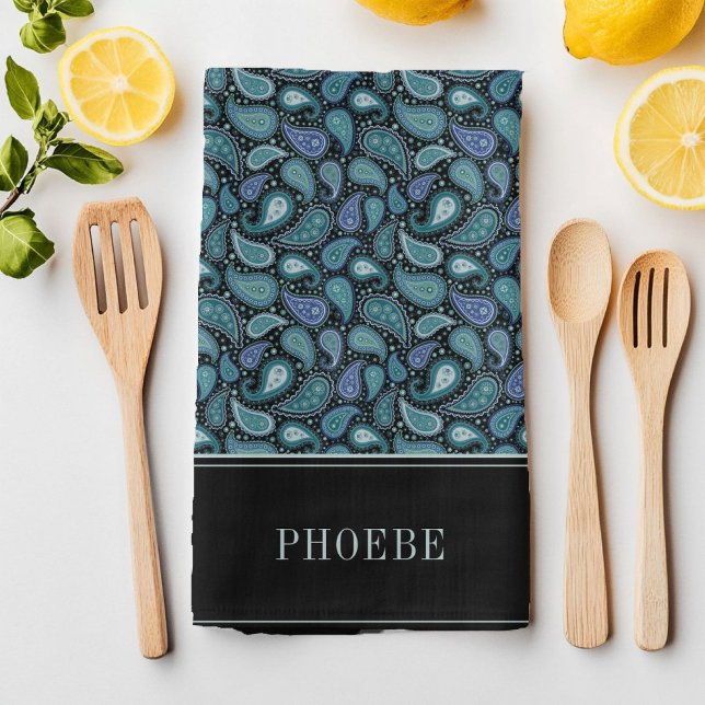 Ihr Name auf Eleagant Retro Blue Paisley Muster Geschirrtuch (Your Name On Eleagant Retro Blue Paisley Pattern Kitchen Towel)