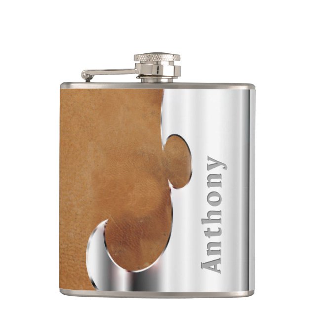 Ihr Name auf Handsome Leather und Chrome Flask Flachmann (Vorderseite)