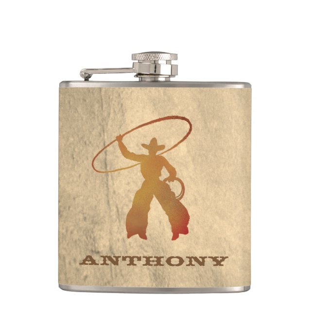 Ihr Name auf Ropin" Cowboy-Flasche Flachmann (Vorderseite)