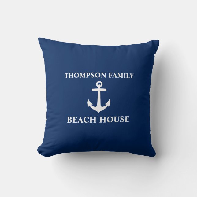 Ihr Name Beach House Anchor Blue Kissen (Vorderseite)