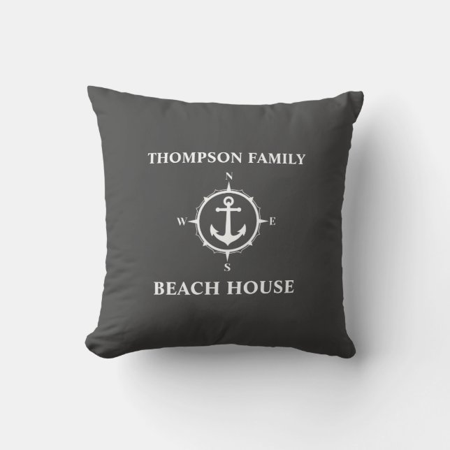Ihr Name Beach House Compass Anchor Gray Kissen (Vorderseite)