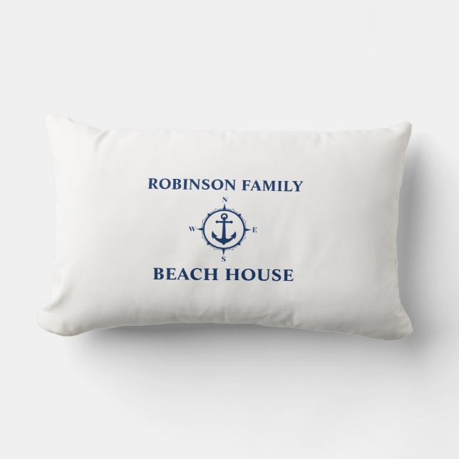 Ihr Name Beach House Compass Anchor White Lendenkissen (Vorderseite)