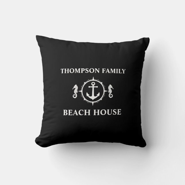 Ihr Name Beach House Seepferd Anchor Black sh0a Kissen (Vorderseite)