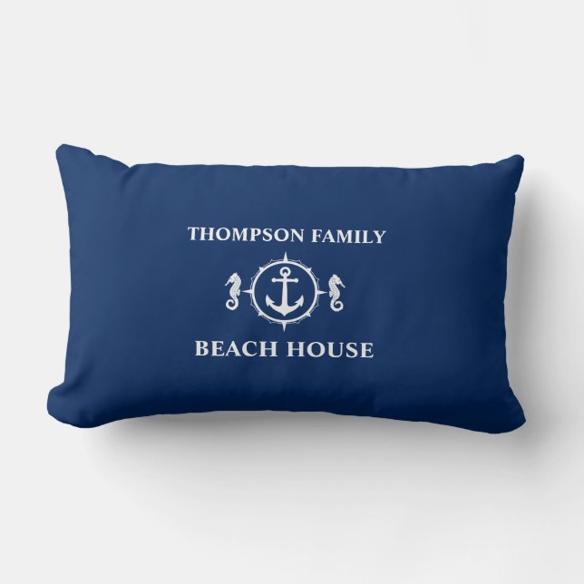 Ihr Name Beach House Seepferd Anchor Navy Blue Lendenkissen (Vorderseite)