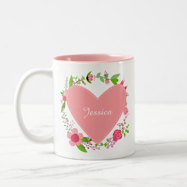 Ihr Name(e) in einer Tasse für Herz und Blume (Links)