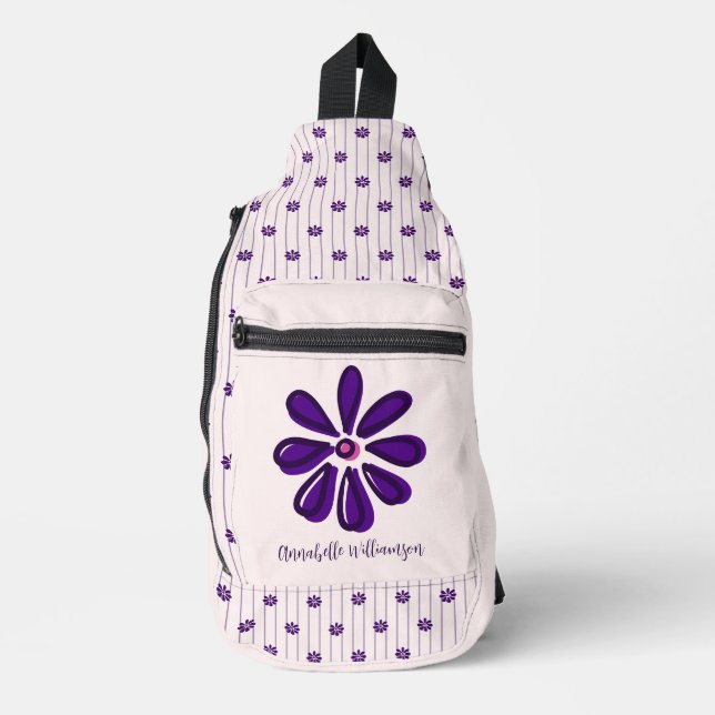 Ihr Name Elegantes Violett & Blush Streifen & Blüt Crossbody Bag (Vorderseite)