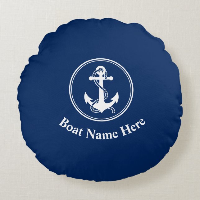 Ihr Name für Ihr Boot mit Seil & Anchor Navy Blue Rundes Kissen (Vorderseite)
