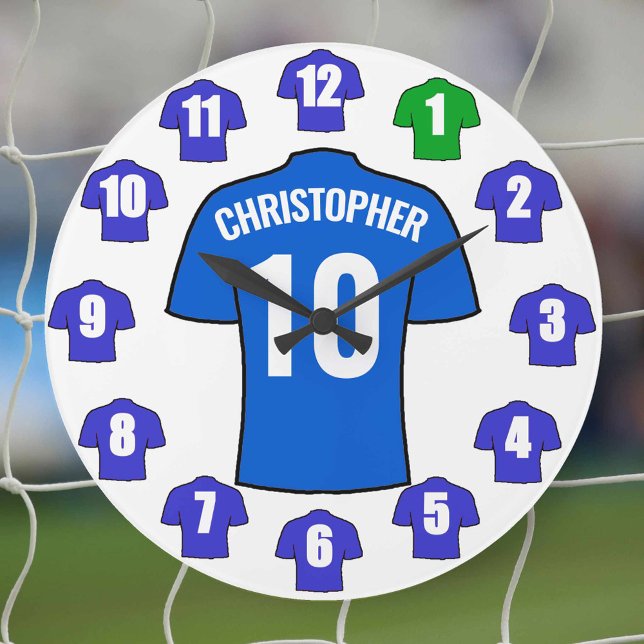 Ihr Name Fußball-Uhr - Blaue Shirts Große Wanduhr (Von Creator hochgeladen)