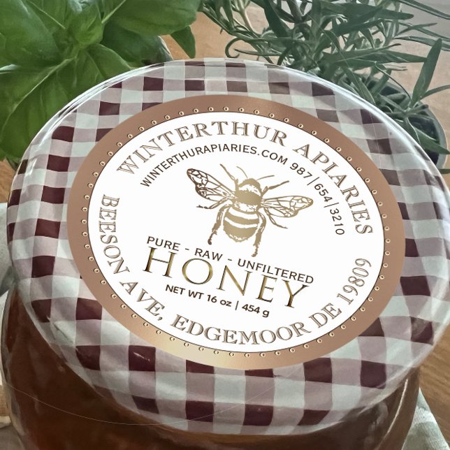 Ihr Name hier Editable Gold Honey Jar Bee Label Runder Aufkleber (Von Creator hochgeladen)