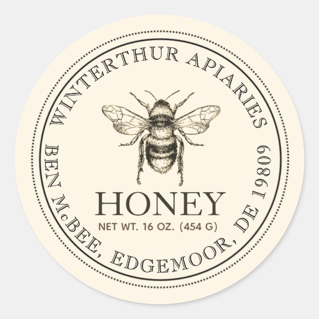 Ihr Name hier Editable White Honey Jar Bee Label Runder Aufkleber (Vorderseite)