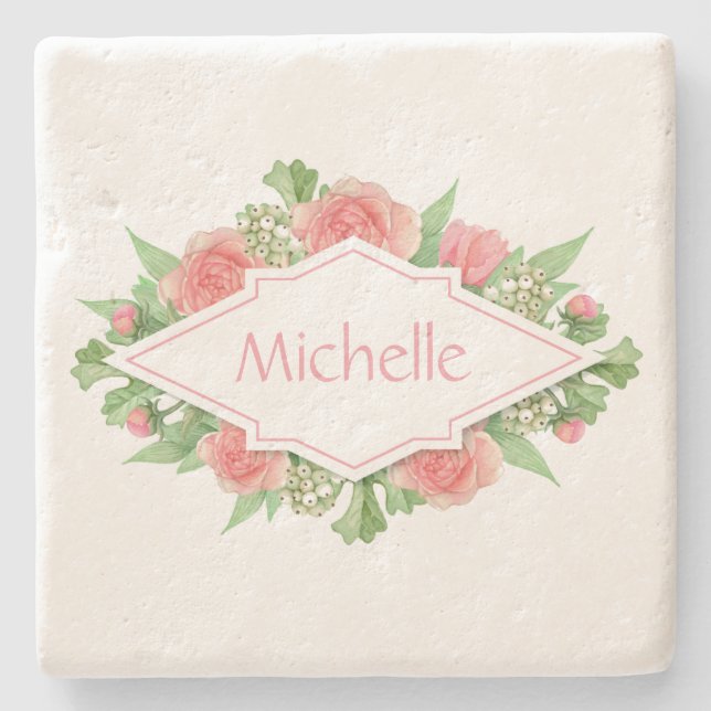 Ihr Name in Blume Rahmen Untersetzer (Vorderseite)