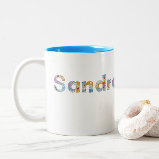 Ihr Name in künstlerischen Blumenbriefen / Sandra Zweifarbige Tasse (Mit Donut)