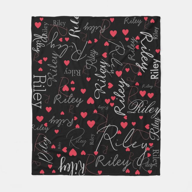 Ihr Name Initial & Red Hearts überall in Black Fleecedecke (Vorderseite)