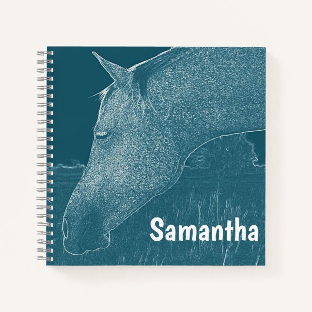 Ihr Name Modernes Pferd Weiß auf Blue Green Aquama Notizbuch (Vorderseite)