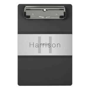 Ihr Name & Monogramm Grautöne & Faux-Silber-Look Mini Klemmbrett