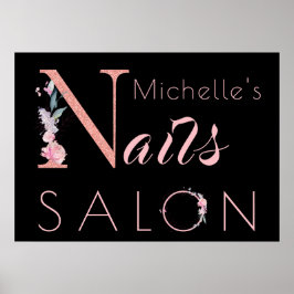 Ihr Name Nägel Salon floralen Glitzer rosa schwarz Poster