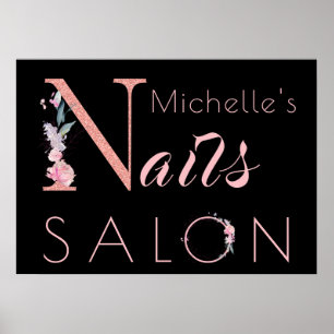 Ihr Name Nägel Salon floralen Glitzer rosa schwarz Poster