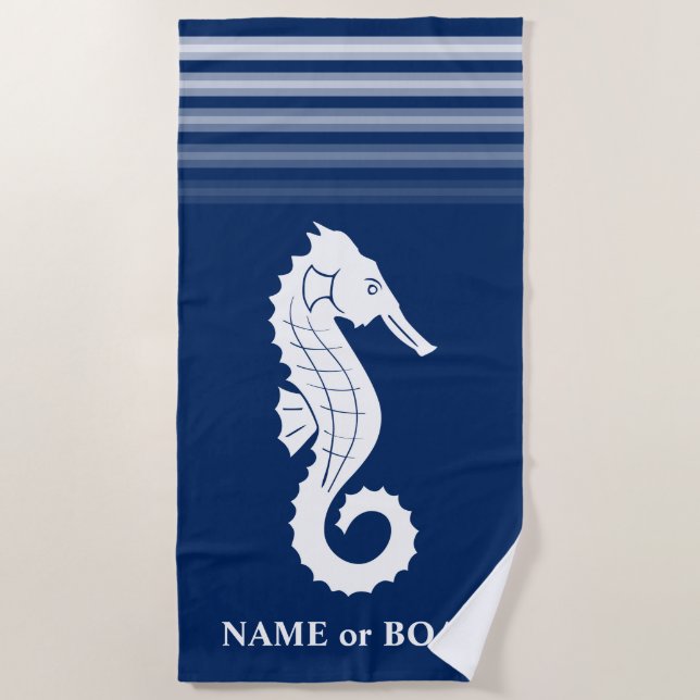 Ihr Name oder Boot Seepferd Navy Blue White Strip Strandtuch (Vorderseite)