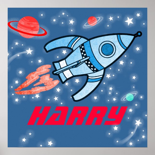 Ihr Name Raketenraumjungs blau rotes Poster (Vorne)