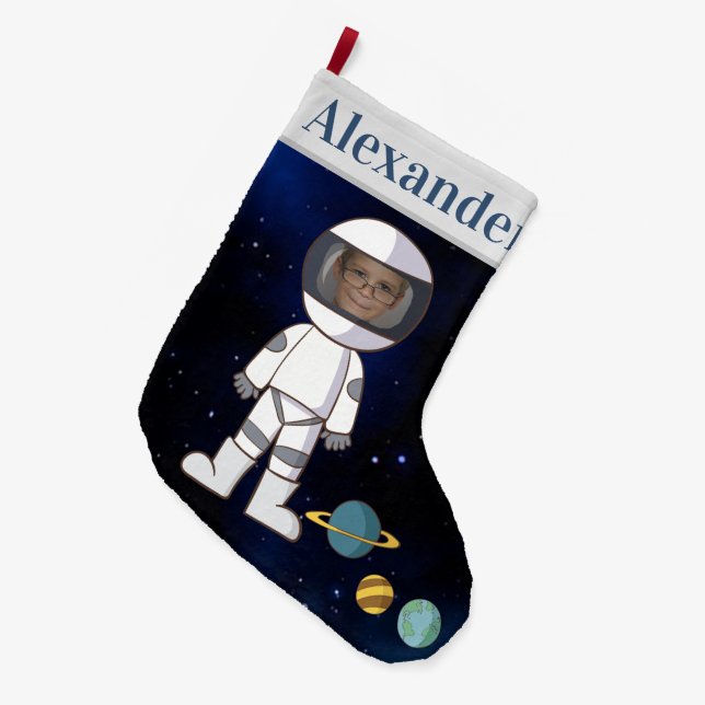 Ihr Name und Ihr Foto Astronaut Weltraum Großer Weihnachtsstrumpf (Vorderansicht (hängend))
