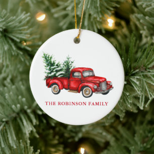 Ihr Name Wasserfarbe Vintage rote LKW-Schnee Keramik Ornament