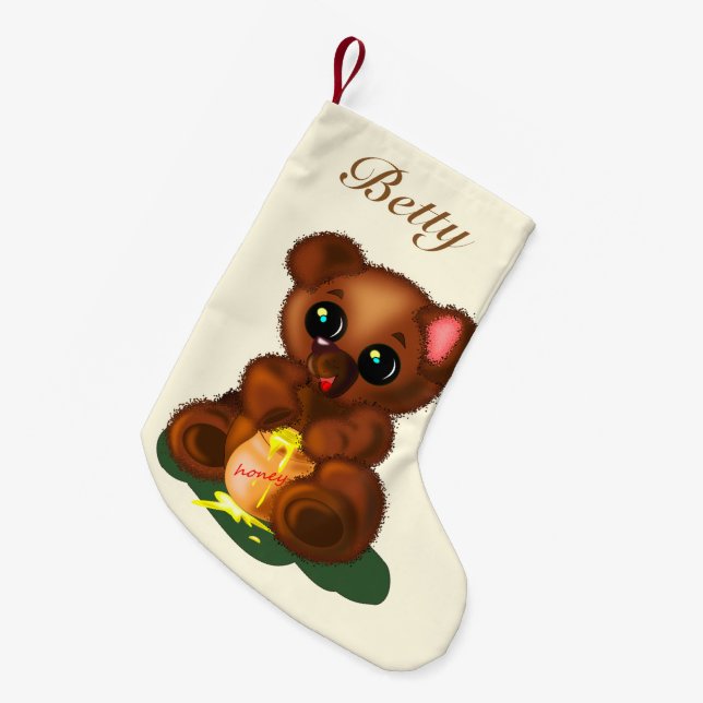 Ihr Name Weihnachts-Strumpf mit Baby Honey Bear Kleiner Weihnachtsstrumpf (Vorderansicht (hängend))