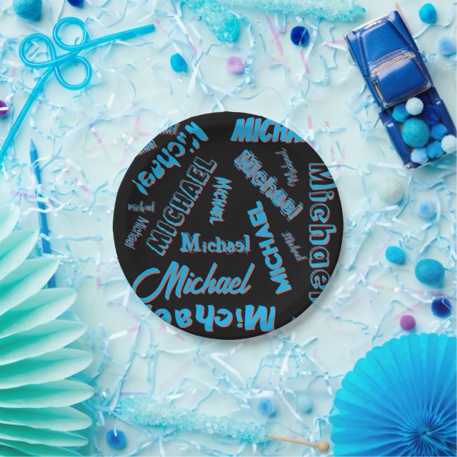 Ihr Namensmuster monogramm blaue schwarze Farbe Pappteller (Party)