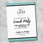 Ihr Party zur Einführung von Logos Postkarte<br><div class="desc">Eine unterhaltsame, aber schlicht Schwarz-Weiß-Einladung für eine große Firmenöffnung oder ein Party- oder Produktstart. Fügen Sie Ihr eigenes Logo an die Spitze, um es mit Ihrem Branding zu versehen, und Sie können die aquamarine oder türkisfarbene Farbe in Schwarz ändern oder Ihren Markenfarben anpassen. Sie können sogar die Jakobsfarben ändern. Eine...</div>