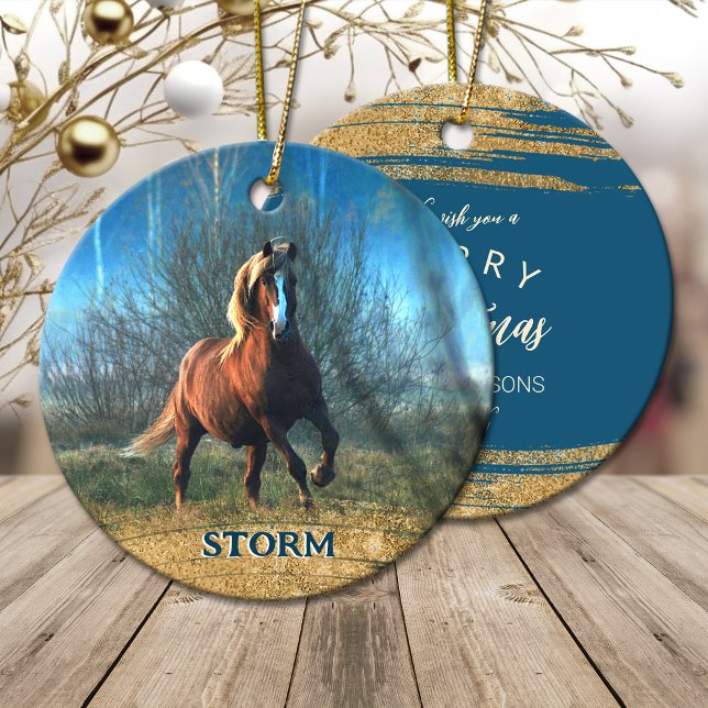 Ihr Pferd Foto Weihnachten Gold Glitzer Keramik Ornament (Your horse photo Christmas gold glitter Ceramic Ornament)