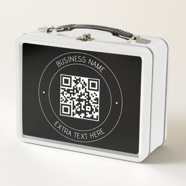 Ihr QR-Code und bearbeiteter Text | Schwarz/Weiß Metall Brotdose (Vorderseite)