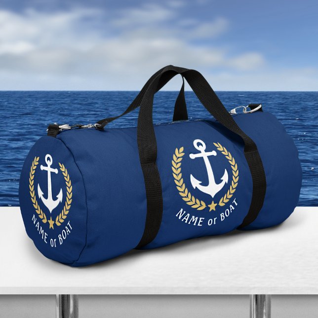 Ihr Schiff oder Name Anchor Gold Laurel Star Navy Duffle Bag (Two sizes to choose from. Easily Edit the design to change bag colors as needed.)