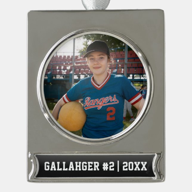 Ihr sportliches Foto | Personalisierte Verzierung Banner-Ornament Silber (Vorderseite)