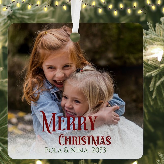 Ihr Text 2 Fotos Rote Typografie Einfache Keepake Ornament Aus Metall (Von Creator hochgeladen)