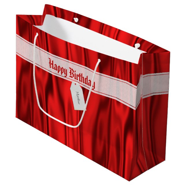 Ihr Text | Elegant Happy Birthday Red Satin Große Geschenktüte (Vorderseite Schrägansicht)
