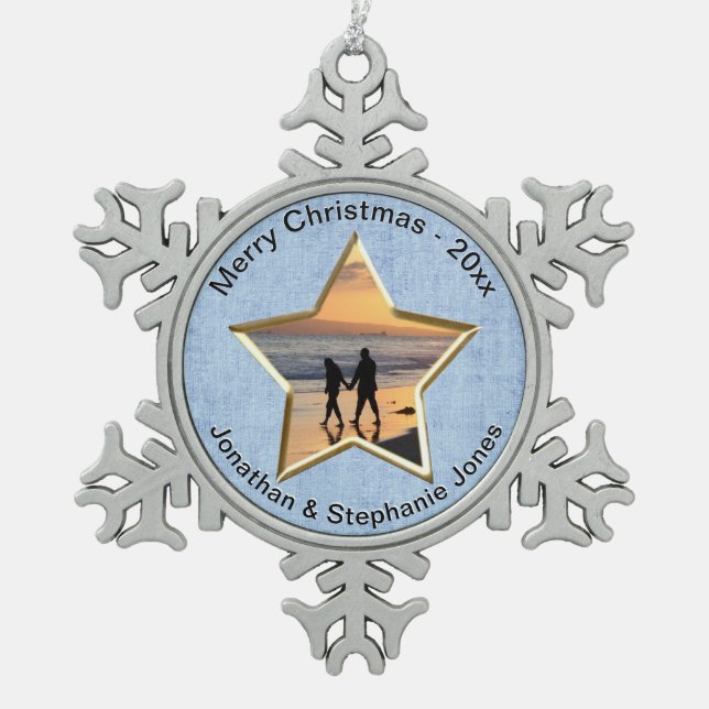 Ihr Text & Foto: Blue Star-Form-Bildrahmen Schneeflocken Zinn-Ornament (Vorderseite)