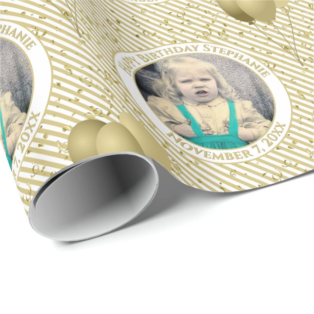 Ihr Text.Foto Gold/White Simple Stripes-Muster Geschenkpapier (Rolleneckpunkt)