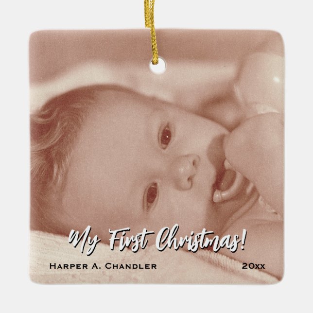 Ihr Text und Baby-Foto Meine ersten Weihnachten Keramikornament (Vorderseite)