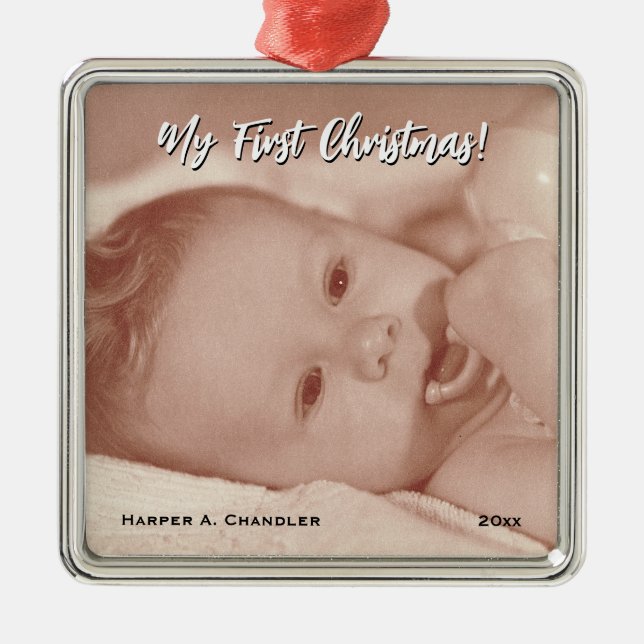 Ihr Text und Baby-Foto Meine ersten Weihnachten Ornament Aus Metall (Vorne)