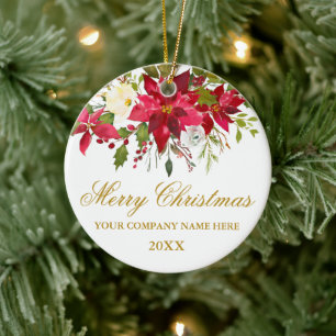 Ihr Unternehmen Aquarell Red Poinsettia Floral Gol Keramik Ornament