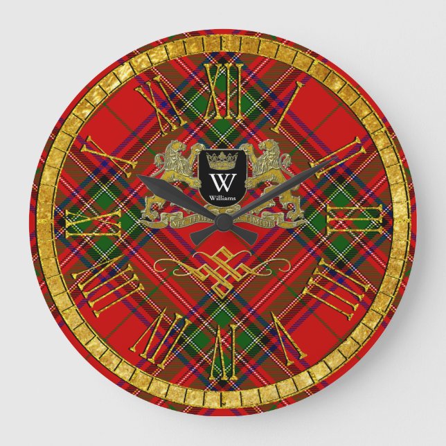 Ihr Wappen Monogramm und Tartan Große Wanduhr (Vorderseite)