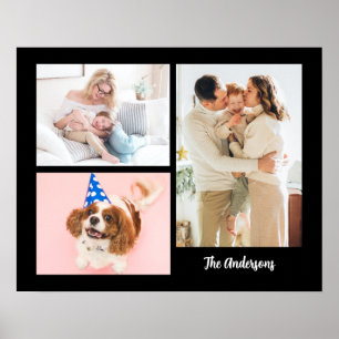 Ihre 3 Familienfotos & Name auf Schwarz Poster