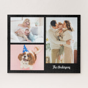Ihre 3 Familienfotos & Name auf Schwarz Puzzle