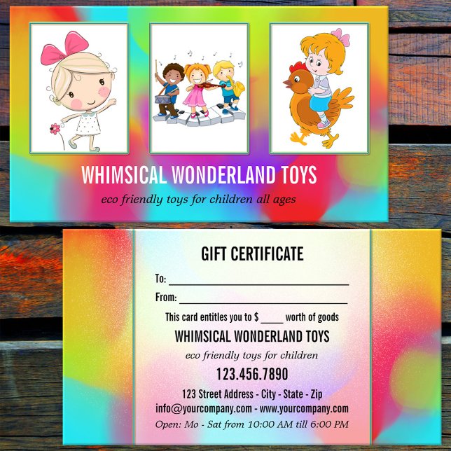 Ihre 3-Foto-Spielzeugspeicher-Geschenkkarte (Eye catching portfolio gift certificate business card with watercolor art - child toys retail shop)