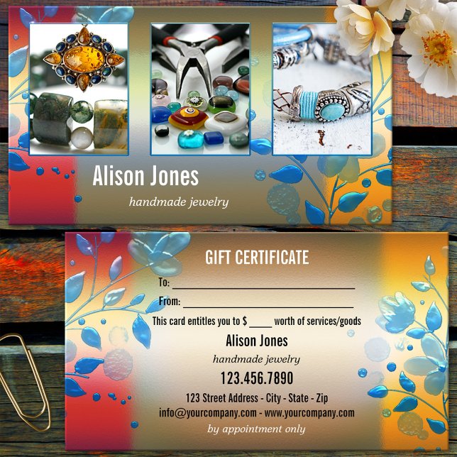 Ihre 3 Fotos farbenfrohe Blumenschmuck Geschenkart (Artisan crafts or jewelry business card featuring your photos framed by a colorful floral design)