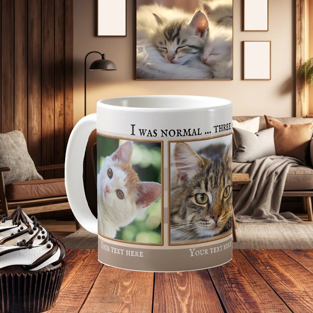 Ihre 3 lustigen Cat Fotos Beige Elfenbeinküste Str Kaffeetasse (Funny cat mug featuring your photos framed by a beige ivory striped design with golden lining)