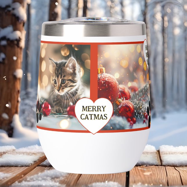Ihre 4 Cat Fotos Niedlich Weihnachten Insulbler (Insulated thermal tumbler featuring your own 4 photos with cat paw prints and hearts)