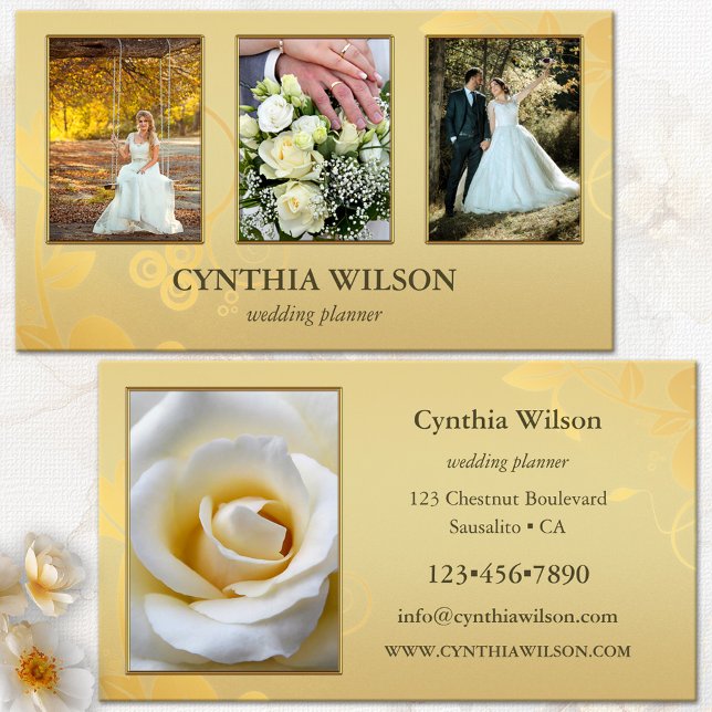 Ihre 4 Fotos Eleganter Gold Hochzeitsplaner Visitenkarte (Wedding planner business card featuring 4 custom photos framed by an elegant floral gold design)